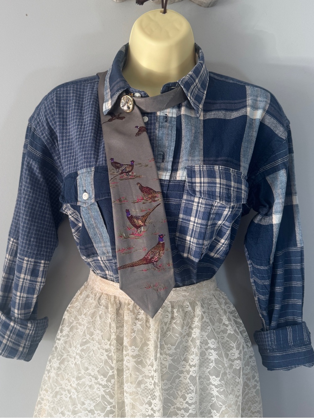 Lauren Ralph Lauren Indigo Patchwork Plaid Linen-Blend Button Down Shirt Small - Picture 13 of 14